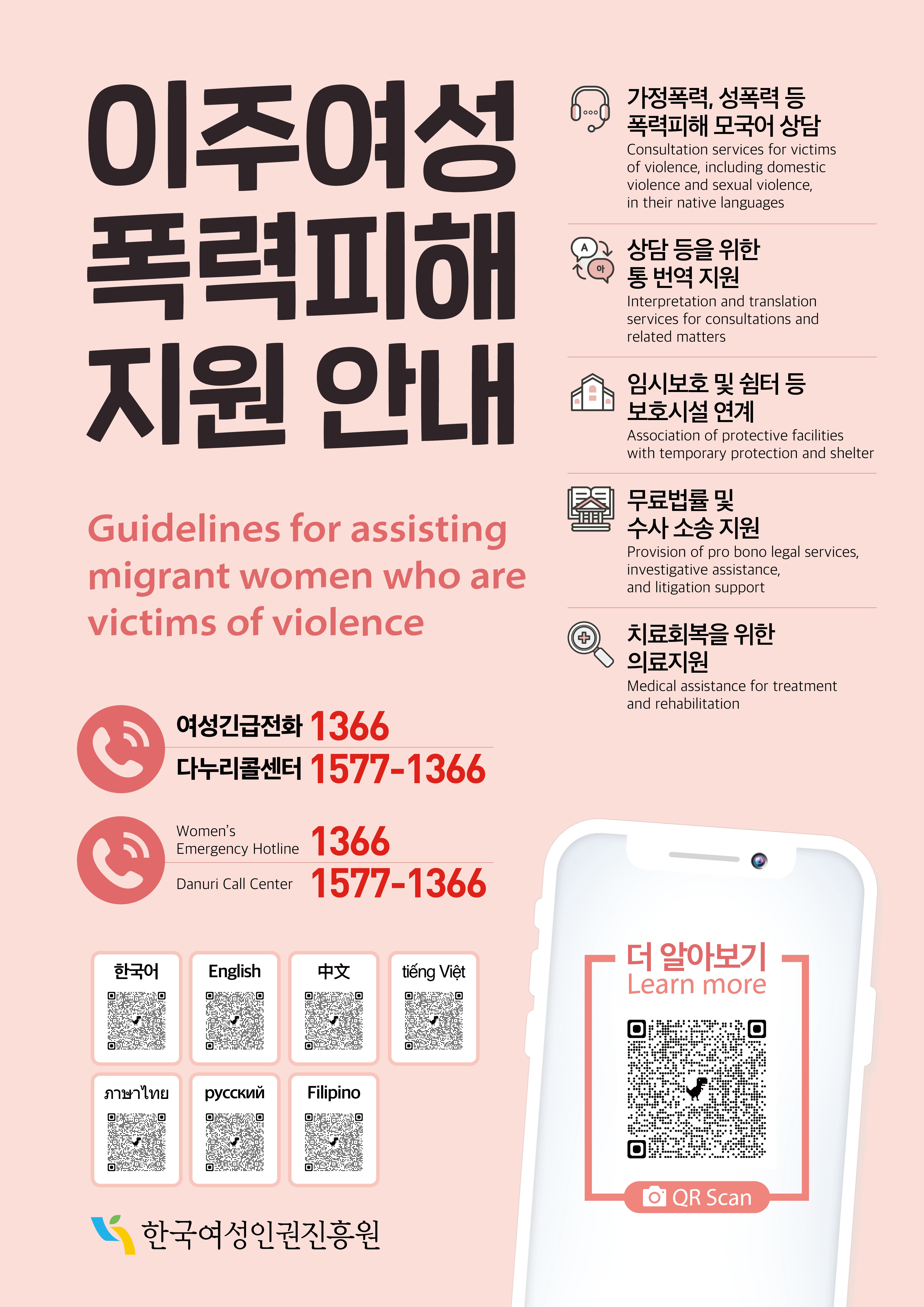 이주여성 폭력피해 지원 안내(Guidelines for assisting migrant women who are victims of violence). 1.가정폭력,성폭력 등 폭력피해 모국어 상담, 2.상담 등을 위한 통 번역 지원, 3.임시보호 및 쉼터 등 보호시설 연계, 4.무료법률 및 수사 소송 지원, 5.치료회복을 위한 의료지원. 여성긴급전화(Women's Emergency Hotline):1366, 다누리콜센터(Danuri Call Center):1577-1366