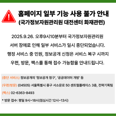 홈페이지 일부 기능 사용 불가 안내 (국가정보자원관리원 대전센터 화재 관련)  일시: 2025년 9월 26일 오후 9시 10분부터 사유: 국가정보자원관리원 서버 장애로 인해 일부 서비스가 일시 중단됨 영향: 행정 서비스 중 민원, 정보공개 신청 등 대체 접수 방법: 서비스 복구 시까지 우편, 방문, 팩스 접수 가능  중단 서비스: 정보공개의 ‘정보공개 청구’, ‘공공데이터 개방’ 등 우편/방문: (04505) 서울특별시 중구 서소문로 50 센트럴플레이스 3층, 전략기획팀 팩스: 02-6363-8493 방문 접수 시간: 평일 9시~18시 (점심시간 12시~13시 제외)