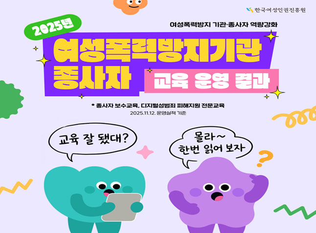 한국여성인권진흥원 여성폭력방지 기관·종사자 역량강화 2025년 여성폭력방지기관 종사자 교육 운영 결과 종사자 보수교육, 디지털성범죄 피해지원 전문교육 2025.11.12. 운영실적 기준 교육 잘 됐대? 몰라~ 한번 읽어 보자