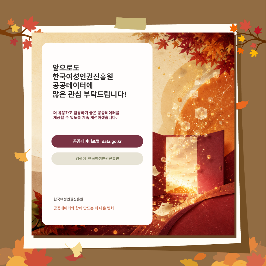 앞으로도 한국여성인권진흥원 공공데이터에 많은 관심을 부탁드립니다. 더 유용하고 활용하기 좋은 공공데이터를 제공할 수 있도록 지속적으로 개선하겠습니다. 공공데이터포털 data.go.kr에서 ‘한국여성인권진흥원’을 검색해 기관 공공데이터를 확인할 수 있습니다.